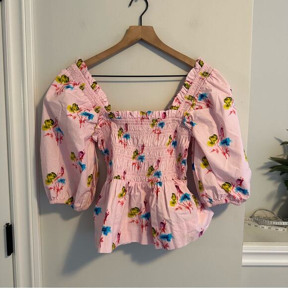 GANNI Pink Floral Cotton Smocked Square Neck Top Blouse Small - Picture 6 of 11